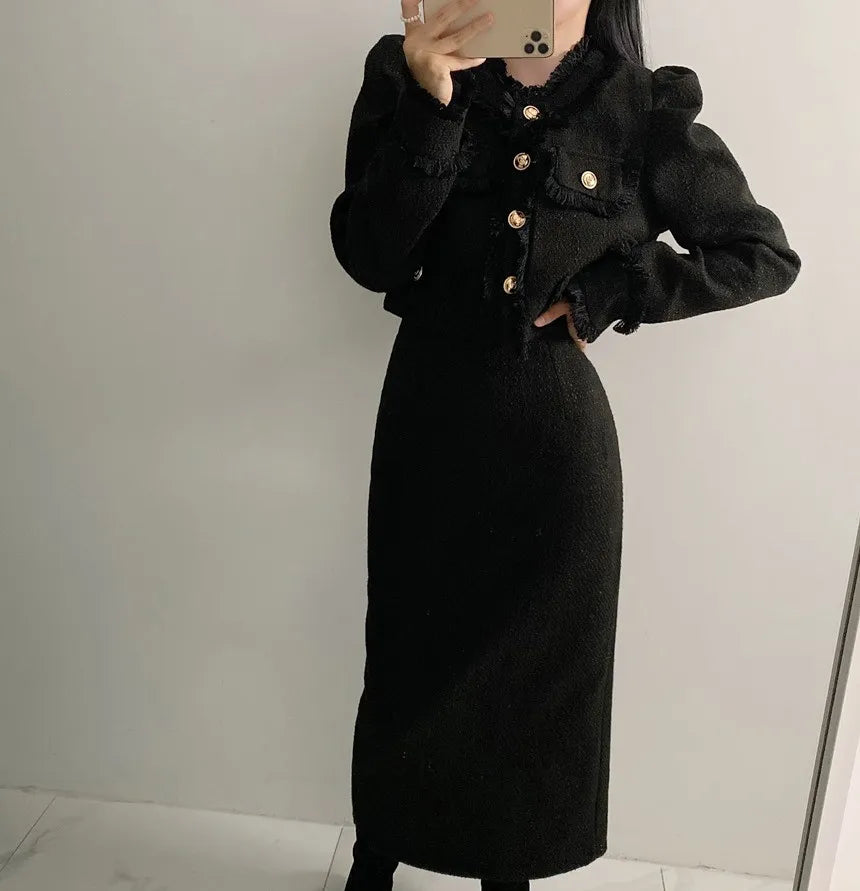 Beige Tweed Jacke + High Waisted Röcke Damen Winter Goldener Knopf 2-Teiler Woll Luxus Vintage Röcke Sets Herbst