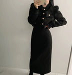 Beige Tweed Jacke + High Waisted Röcke Damen Winter Goldener Knopf 2-Teiler Woll Luxus Vintage Röcke Sets Herbst