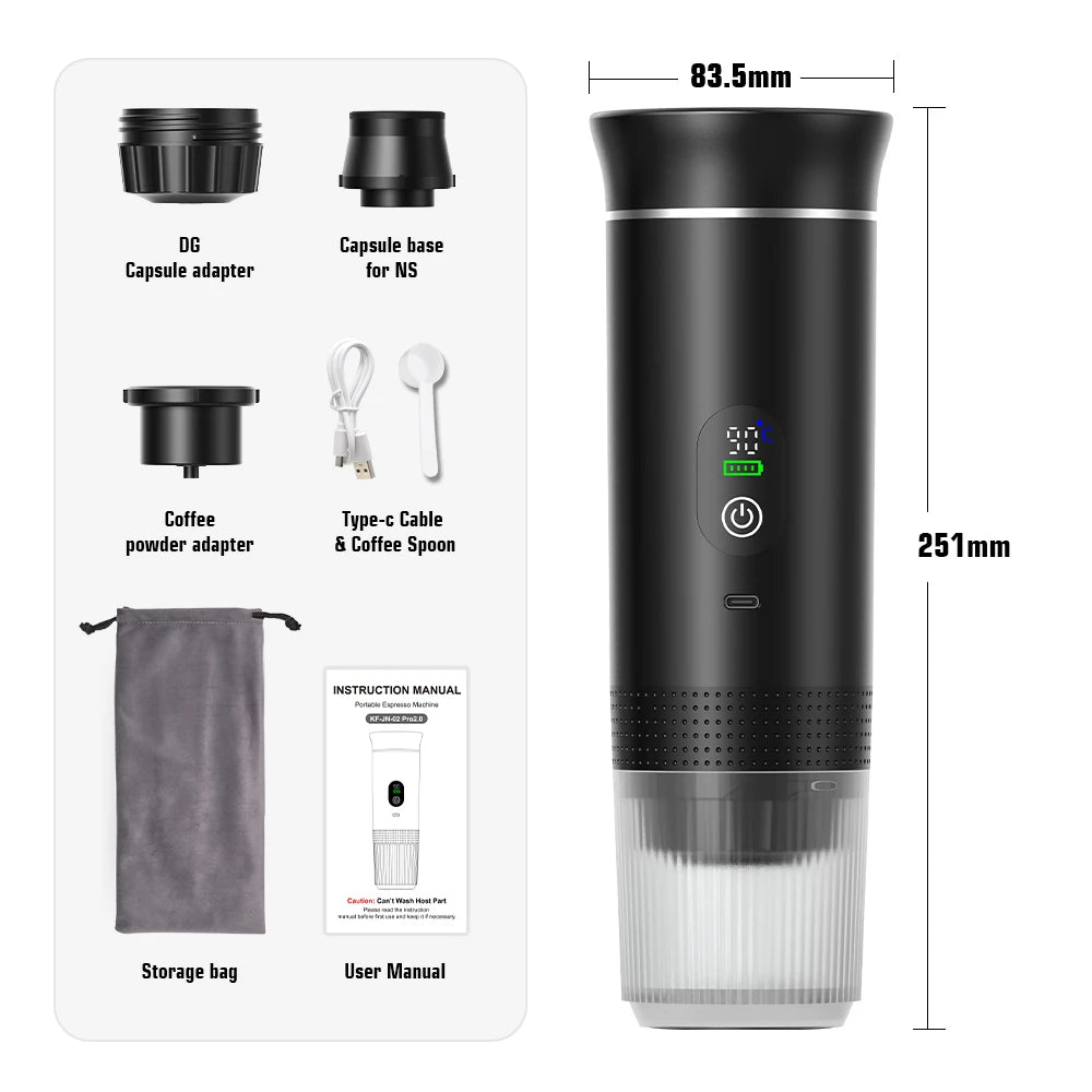 DENOKIN Tragbare Espresso-Kaffeemaschine mit Digitalanzeige, 3-in-1 Kapsel-Kaffeemaschine für Auto & Zuhause, Camping-Kaffeemaschine