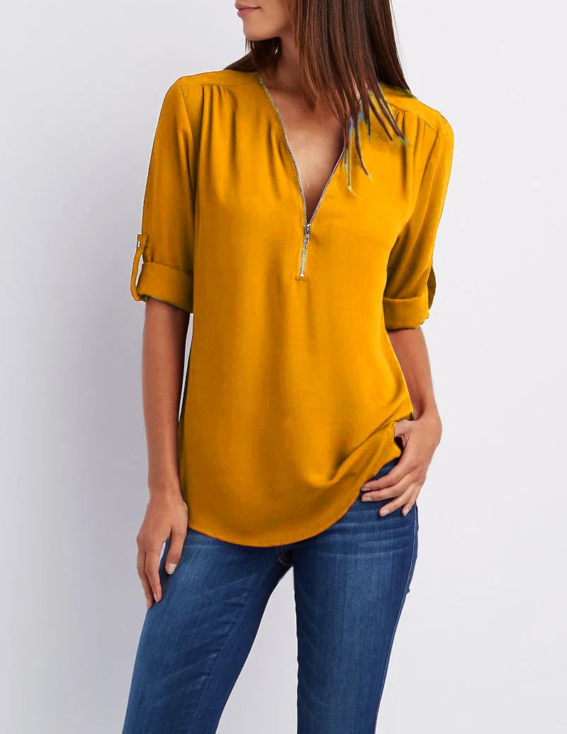 2024 Qualität Heißer Verkauf Plus Size Tiefer V-Ausschnitt Damenbluse Chiffon Coole lockere Hemd Mode Freizeit Damen Tops Sexy Reißverschluss Pullover