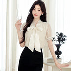 Blusen Hemden Damen Bluse Hemd Neu Sommer Schleifenkragen Stickerei Bluse Hemd Damen Oberteile Kurzarm Blusas Para Mujer Q4102