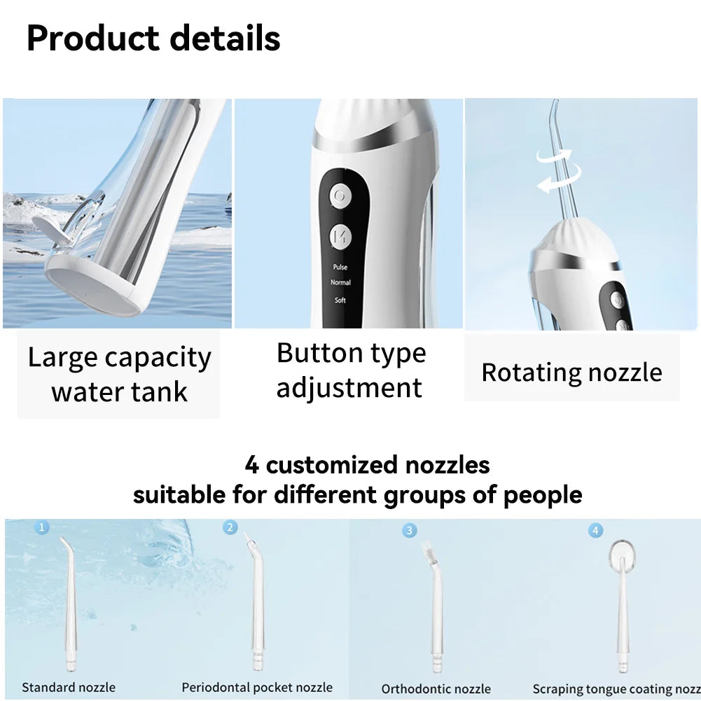 Munddusche 3 Reinigungsmodi Tragbar Wiederaufladbar Wasserdicht IP65 Dental Water Flosser Zahnaufhellungs-Düsenflosser 200 ml