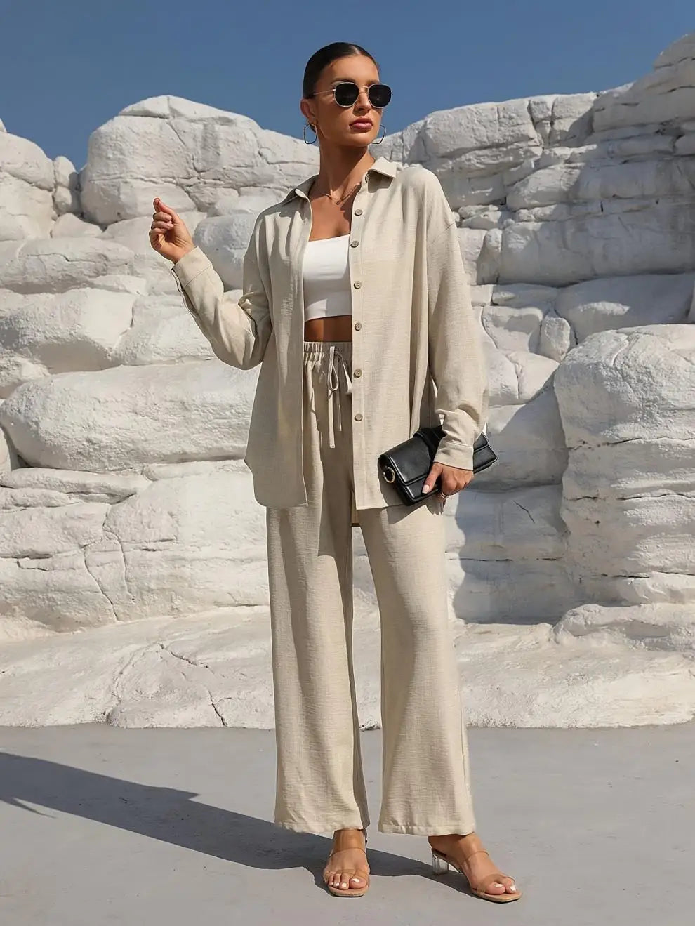 Große Größen Casual Locker Zweiteiler Weites Bein Hose Langarmshirt Hellbeige Street Style Elegant Qualität Polyester Somm...