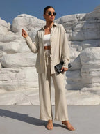 Große Größen Casual Locker Zweiteiler Weites Bein Hose Langarmshirt Hellbeige Street Style Elegant Qualität Polyester Somm...