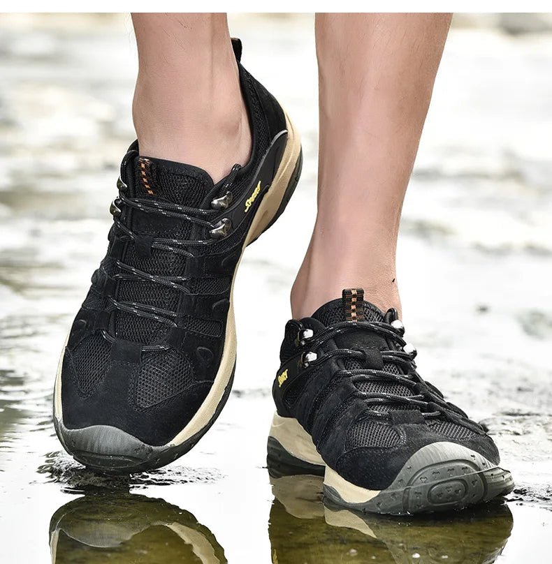 Spring Summer Leather Mesh Outdoor Trekking Shoes Hiking Shoes  Walking Tourism Camping Upstream Sneakers Anti-Slip Breathable