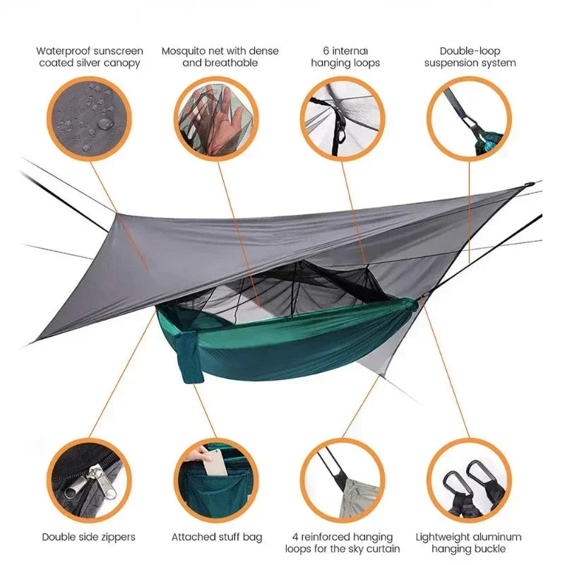 260x140cm Camping Hängematte Doppelgröße Fallschirm mit Moskitonetz Regenschutz Tarp Leicht für Wandern Reisen