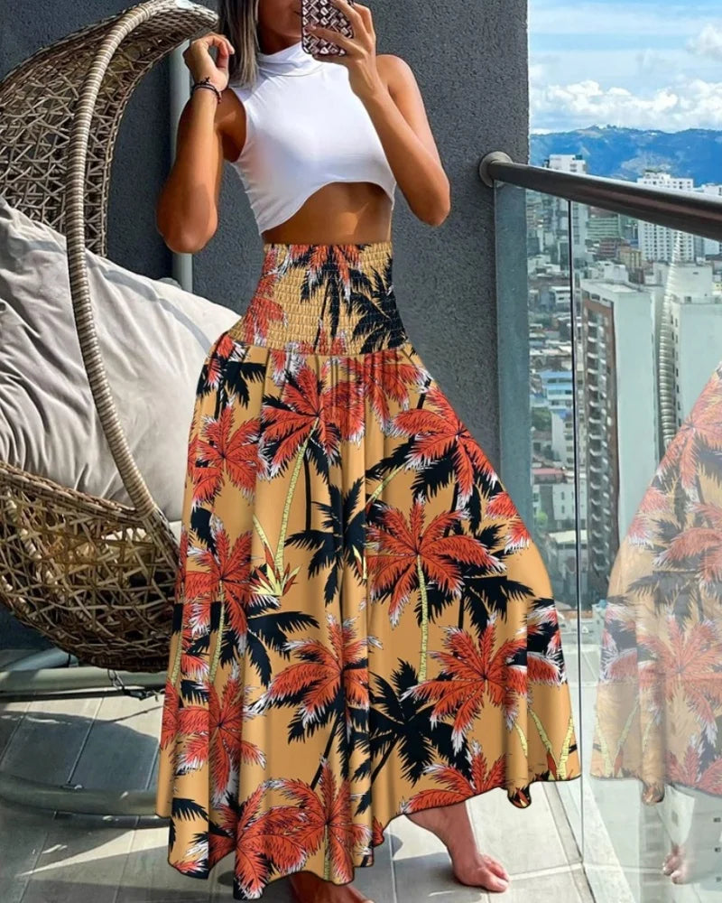 Mode Baumwolle Damen Blumenmuster Rock Seitliche Krawatte Strandröcke Sommer High Waist Wickel Blumen Langer Rock