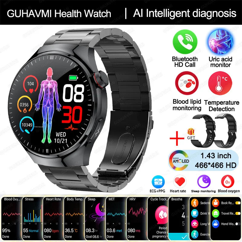2025 Neue Smartwatch für die Krankenpflege: Blutsauerstoff, Blutfett, Harnsäure, EKG+PPG, Körpertemperatur, Bluetooth-Anruf, Gesundheits-Smartwatch