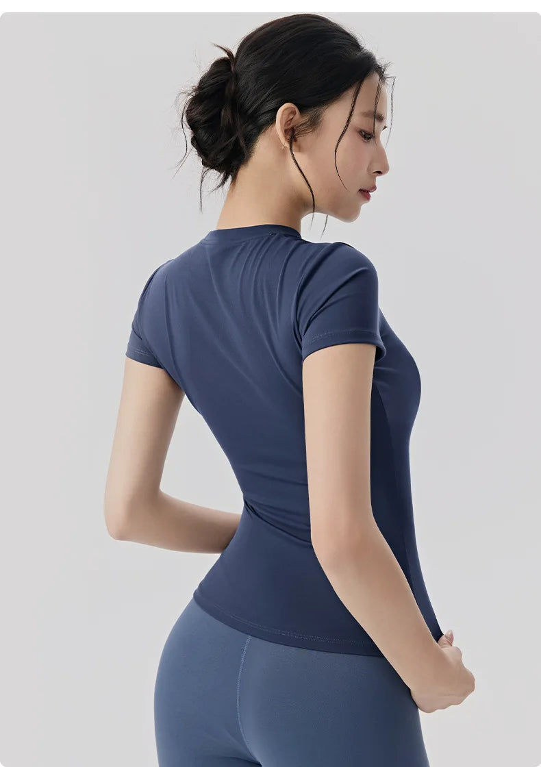 Frühlings- und Sommer-Yoga-Kleidung, kurzärmlig, nackt, eng anliegend, Fitness-Kleidung für Damen, Outdoor-Laufen, Training, Sport-T-Shirt