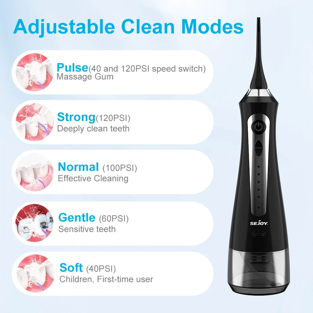 SEJOY Munddusche Irrigator Zahnaufhellungsstreifen Tragbar 230ML Tank 5 Modi 8 Düsen Reinigungsgerät für Zuhause