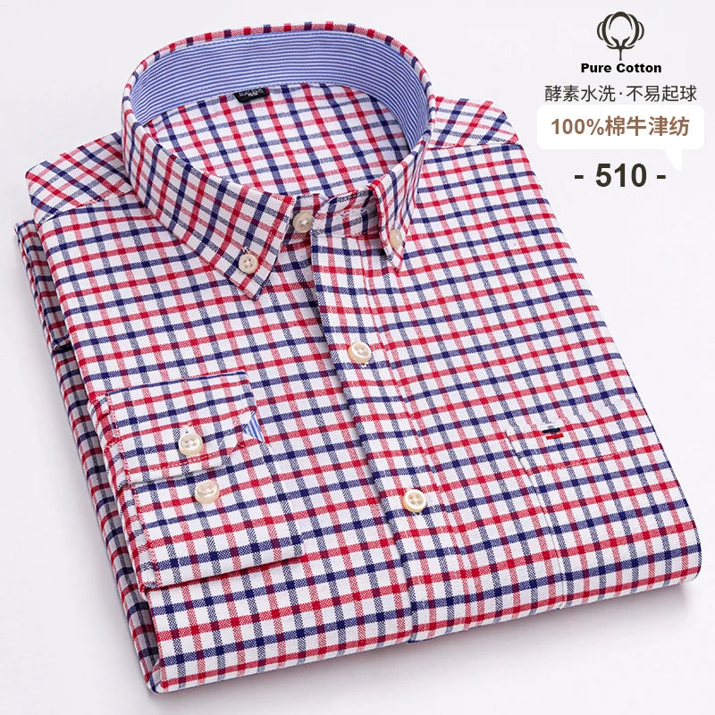 100 % Baumwolle Oxford Herrenhemden Langarm Kariert Weich Regular Fit Festliches Hemd Tasche Sozial Bluse Herrenkleidung S-7XL