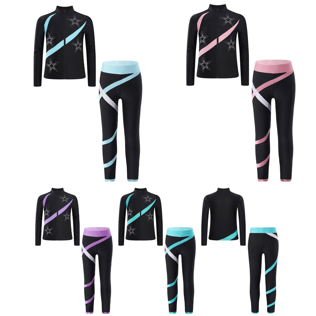 Kids Girls Sports Set Long Sleeve Zipper Sweatshirt with Leggings Children's Sport Suits for Workout Skating Gymnastics Outfits