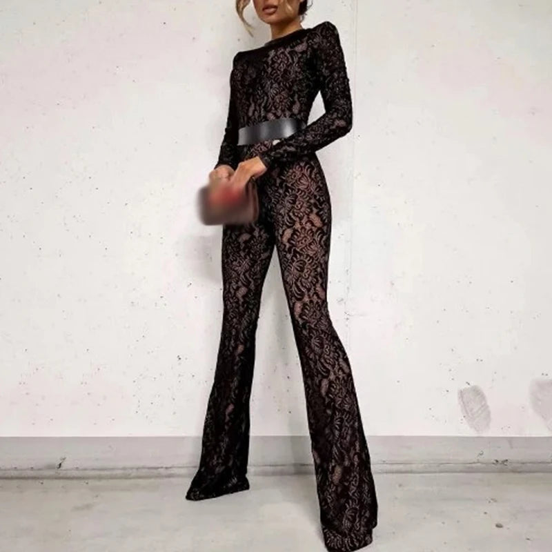 Elegante Damen-Büro-Hose, gerader Schnitt, sexy Overall mit O-Ausschnitt, Spitze, figurbetont, Club-Jumpsuit, Herbst, lässig, langärmelig, hohe Taille, Romper Hauptbild