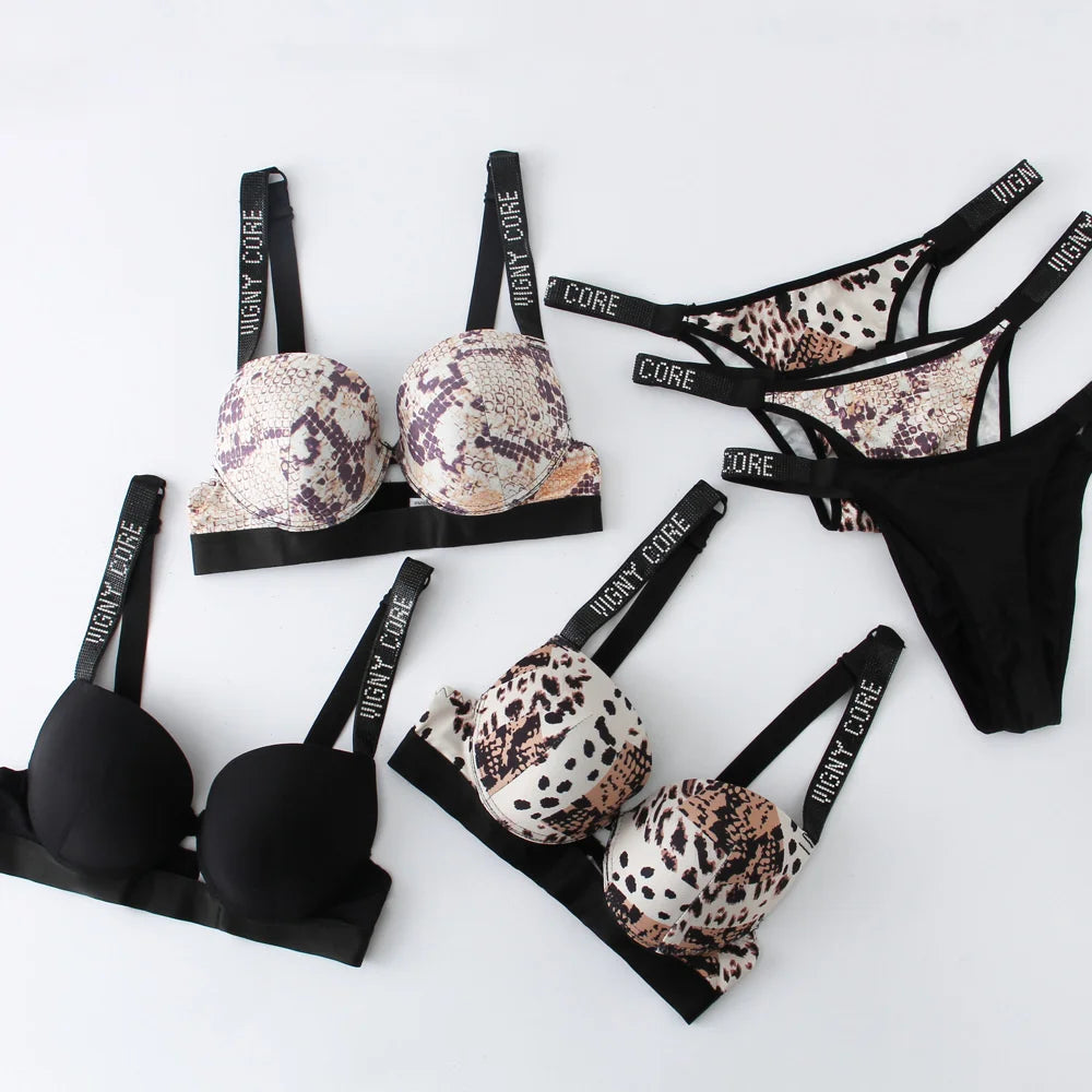 Buchstabe Strass Sport Leopard Sexy Dessous Set Geraffter Push Up Nahtloser BH Set Mode Spurenlose Dünne Fitness Unterwäsche