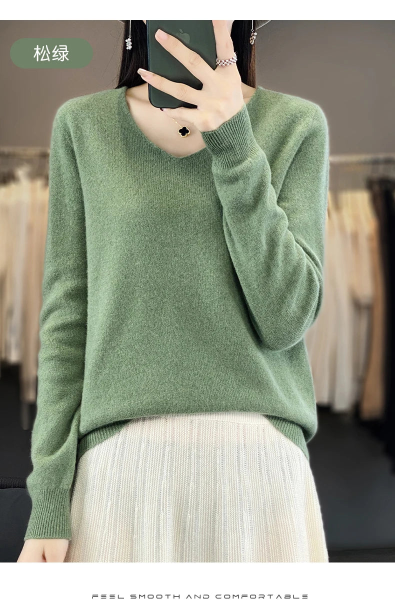 Damen 100% Merinowolle Pullover V-Ausschnitt Basic Pulli Herbst Winter Kaschmir Kleidung Langarm Weiche Strickware Oberteile Unifarben