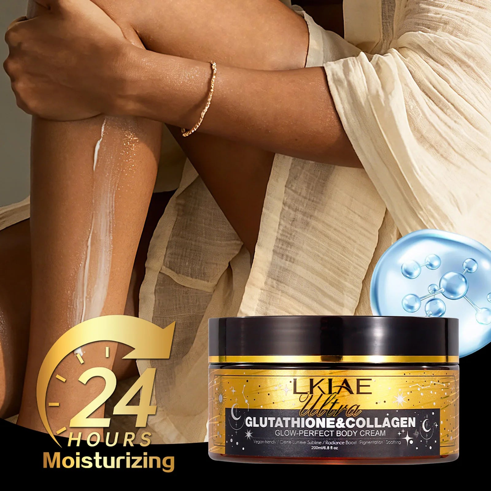 LKIAE Ultra Glutathione Kollagen Haut Leuchtende Körpercreme, 24-Stunden Intensive Feuchtigkeit, Aufhellend, Tiefenpflege & Glanz, 200ml