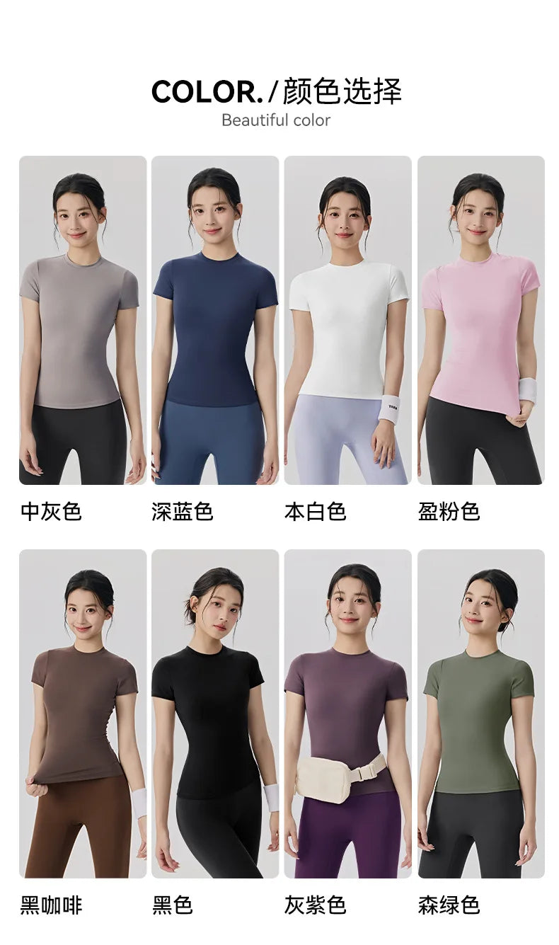 Frühlings- und Sommer-Yoga-Kleidung, kurzärmlig, nackt, eng anliegend, Fitness-Kleidung für Damen, Outdoor-Laufen, Training, Sport-T-Shirt