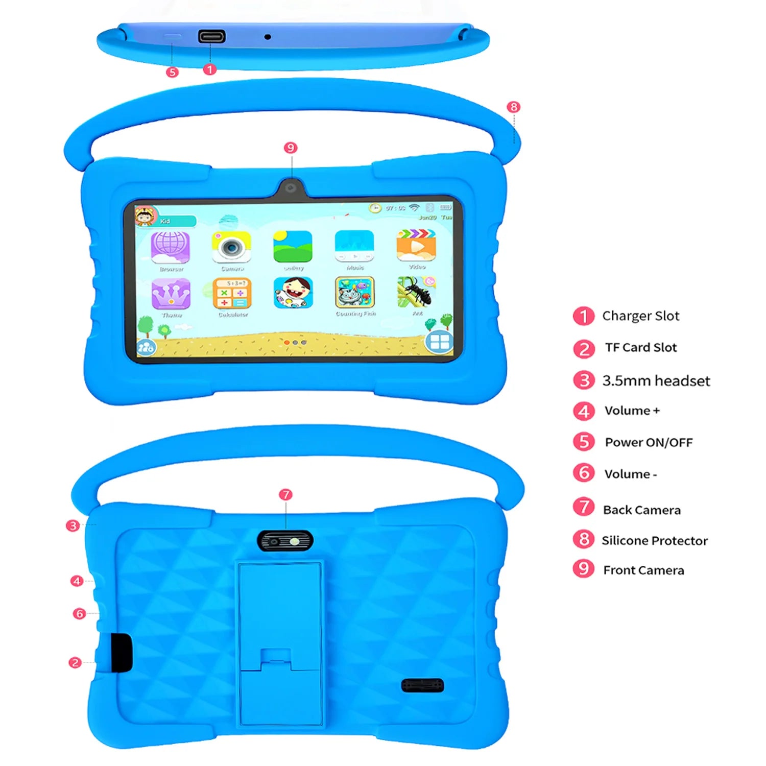 7-Zoll Kinder-Tablet Android 13 Quad Core 4GB RAM 64GB ROM 4000mAh WiFi Bluetooth Kindergeschenk Kindersoftware mit Silikonhülle