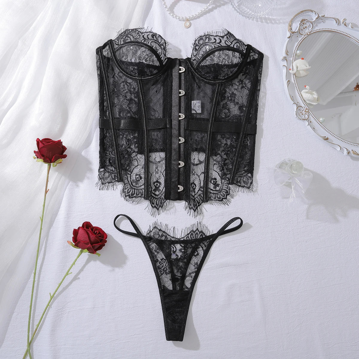Ellolace Palace Damen Dessous Sets Weidenkorsett String 2-teiliges Set Sexy Heiß Trägerlos Spitze Ausgefallener tiefer V-Ausschnitt Damen Unterwäsche
