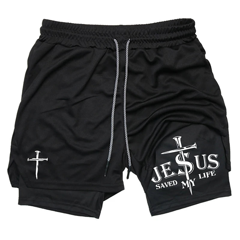 Herren-2-in-1-Lauf-Workout-Shorts mit Druck, Christian Gym Athletic Performance Shorts mit Handytasche und Handtuchschlaufe, Activewear