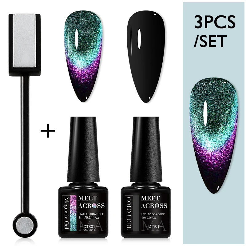 MEET ACROSS 3Pcs/Set 9D Cat Magnetic Gel Nail Polish With Magnetic Stick Semi Permanent Soak Off Nail Art UV LED Gel Varnish Kit
