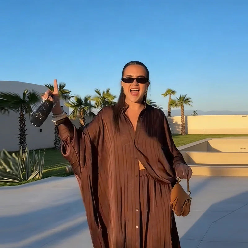Beiges zweiteiliges Set für Damen, Oversized-Hemd mit Knopfleiste und High-Waist-Hose mit weitem Bein, Y2k Sommer-Urlaubs-Kaftan-Outfit