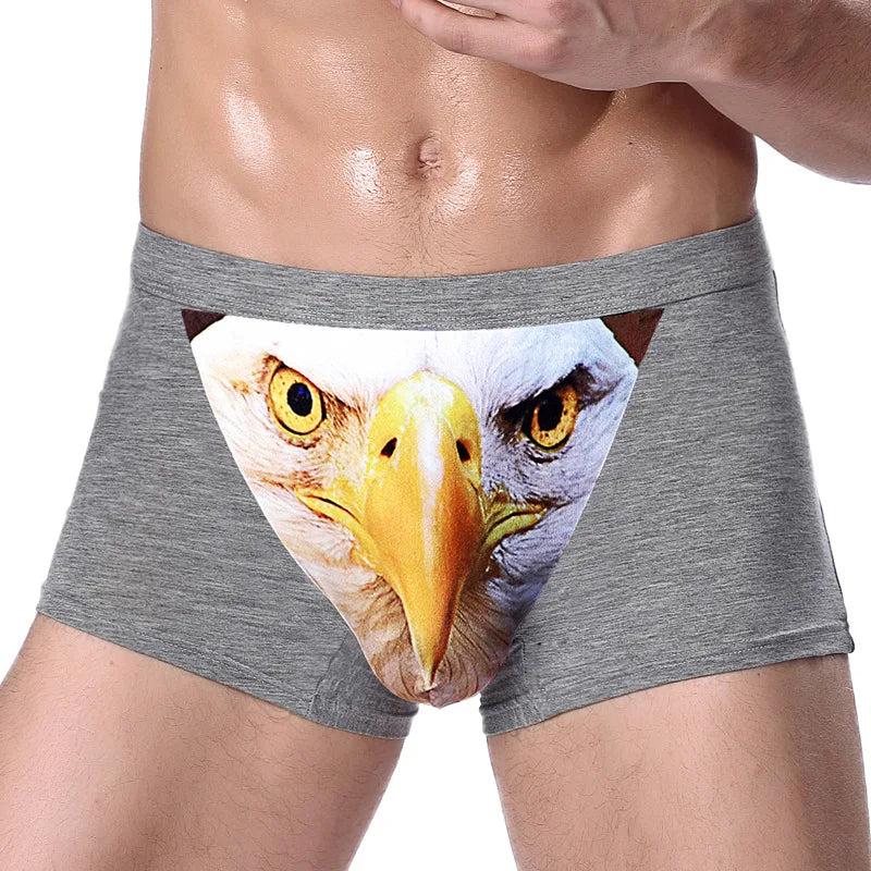 Herren Einzigartige 3D-gedruckte Wolfs-Adlerkopf-Flachwinkel-Hose mittelhohe Boxershorts Atmungsaktives gestricktes Modal-Gewebe