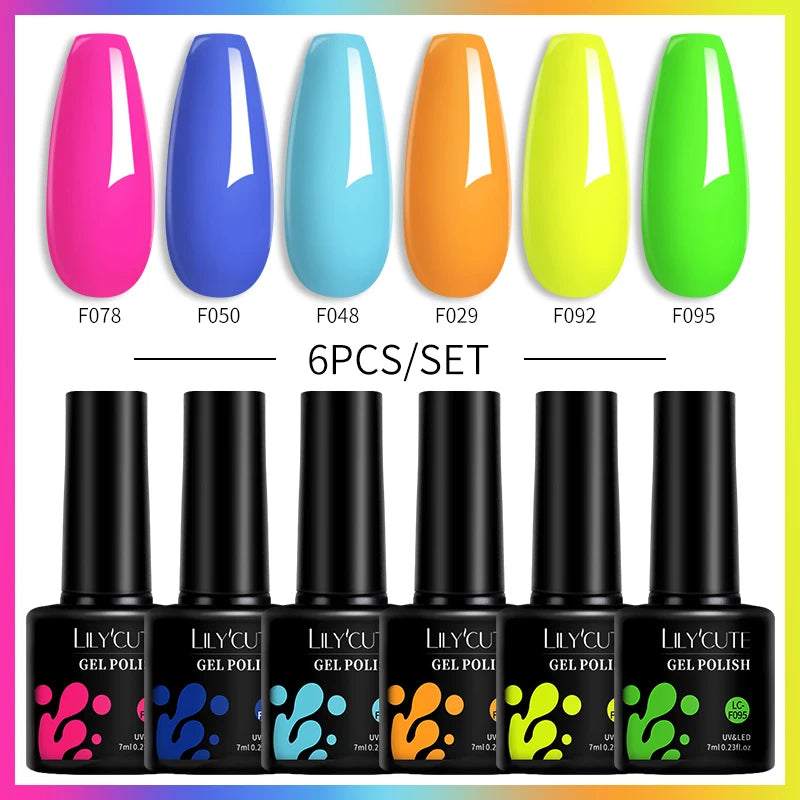 LILYCUTE 7ML 6PCS Neon Gel Nagellack Set fluoreszierend Farbwechsel Semi Permanent Soak Off Maniküre-Kit Nail Art Gel