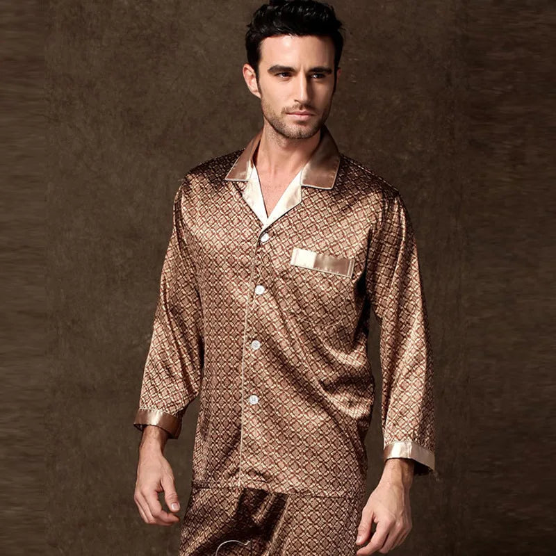 Hochwertiges Pyjama-Set Herren Frühling Herbst Dünn Polyester Eisseide Langarm Schlafanzug Übergröße Sommer Hauskleidung Männlich
