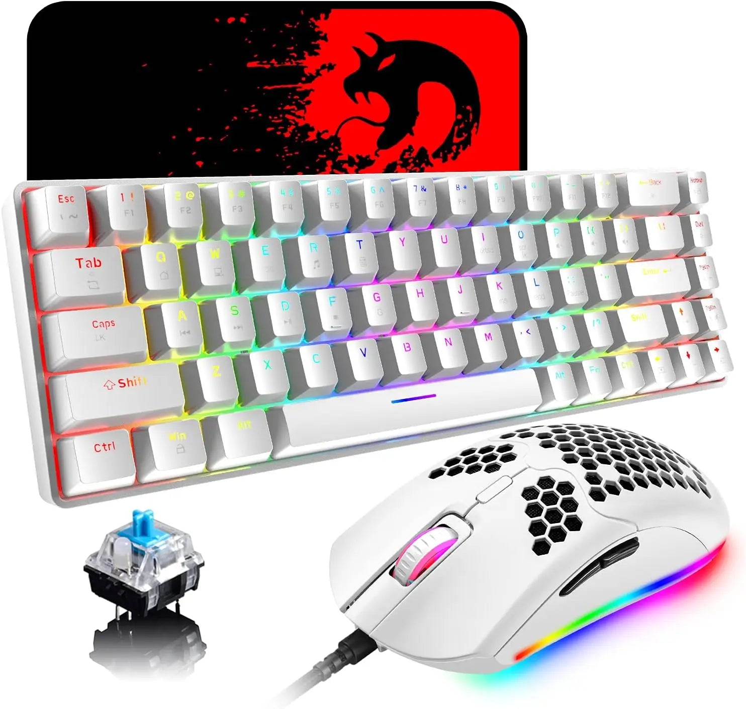 65 % kabelgebundenes mechanisches Gaming-Tastatur- und Maus-Combo, Mini-Tastatur mit 68 Tasten, RGB-Hintergrundbeleuchtung, leichte optische RGB-Wabenmaus