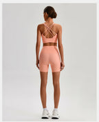 Buttery Soft Nylon Yoga Set Crisscross Back Sports Bra High Waist Biker Shorts 2 Piece Gym Set Workout Outfit Women Activewear