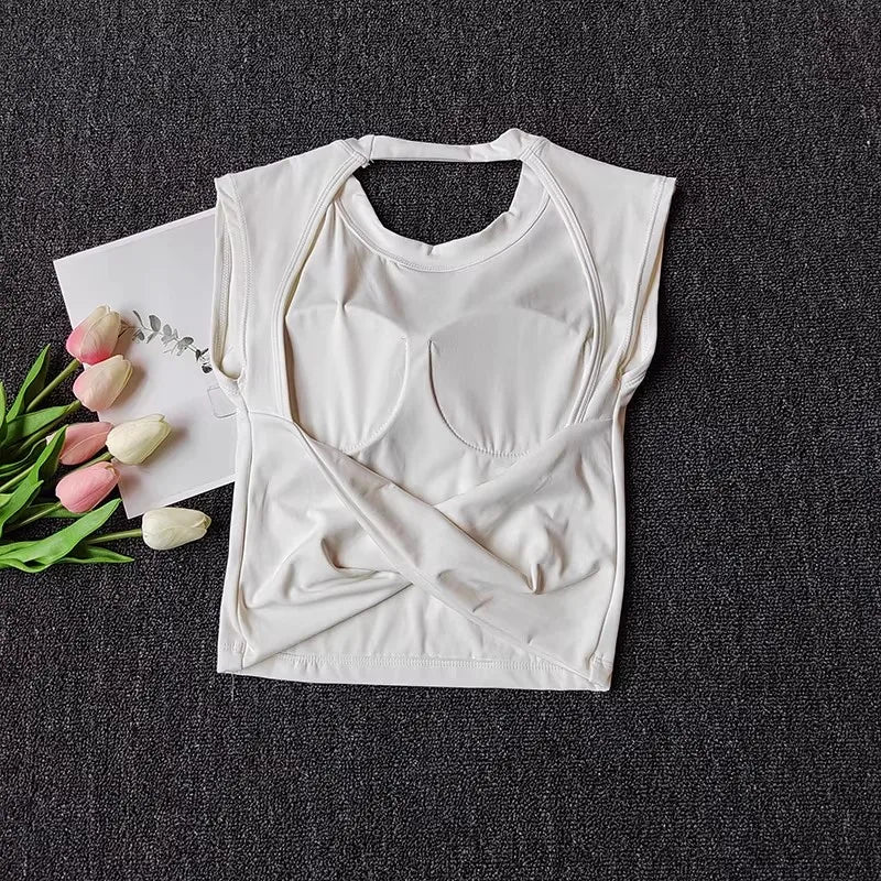 Damen Slim Fit Sport-Tanktop mit offenem Rücken, integrierten BH-Schalen, atmungsaktiv, für Pilates und Yoga