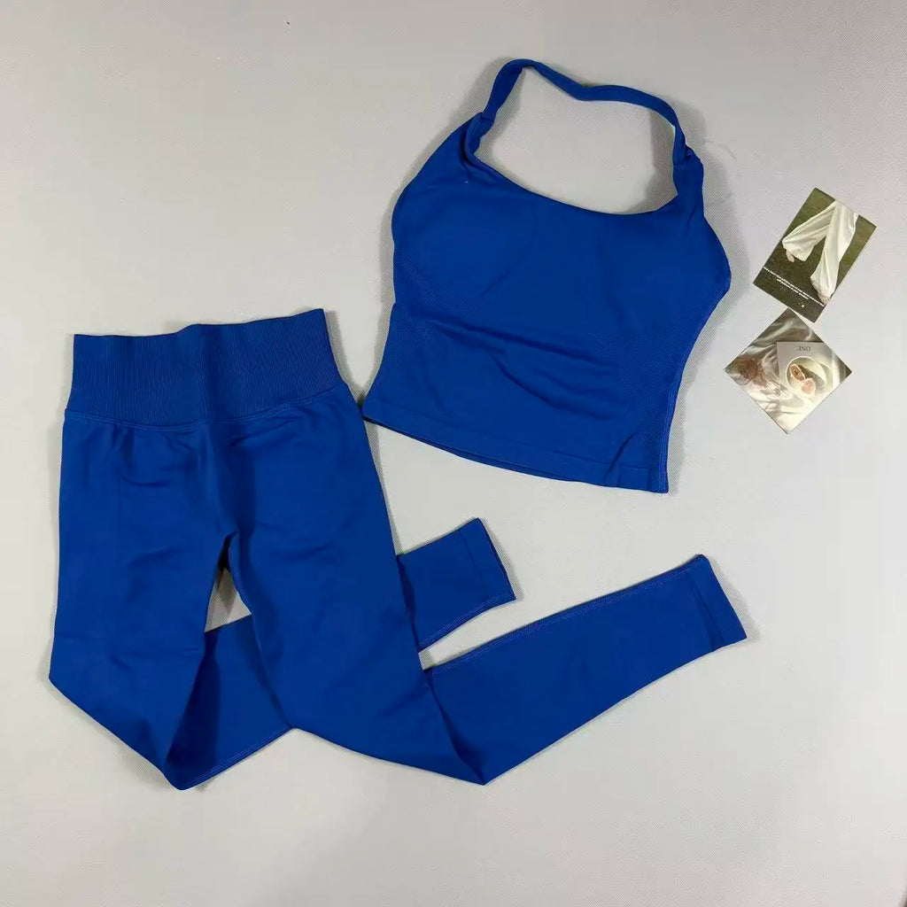 OHNE LOGO Yoga-Outfit Sport-Impact-Gym-Set Neckholder-Oberteil und Leggings-Hosen-Sets Rückenloses Neckholder-Design Hochelastische Sportbekleidung
