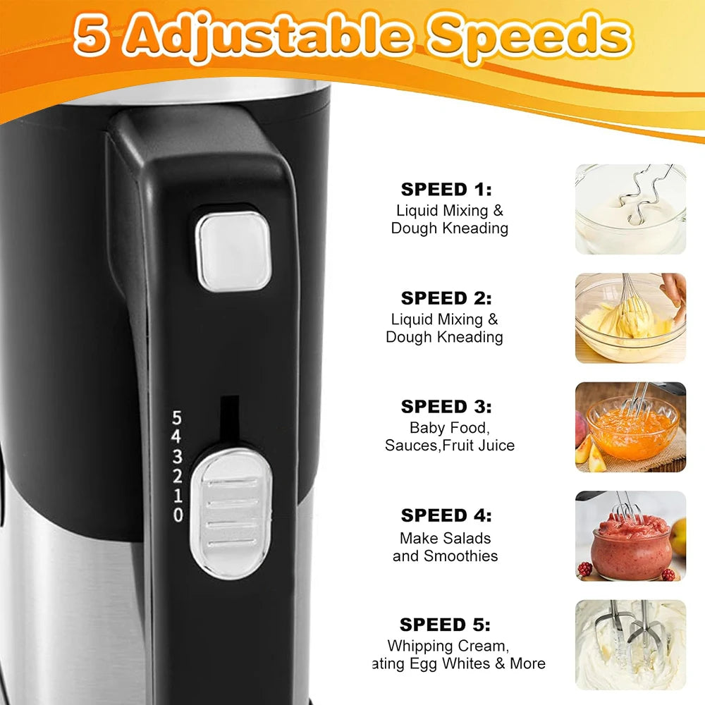 800W Elektrischer Küchenmixer mit Doppelrührbesen, Eierschläger, Knethaken, 5 Geschwindigkeiten, Küchenpürierer, Sahne, Marmelade, Pudding, Milchshake, Handmixer