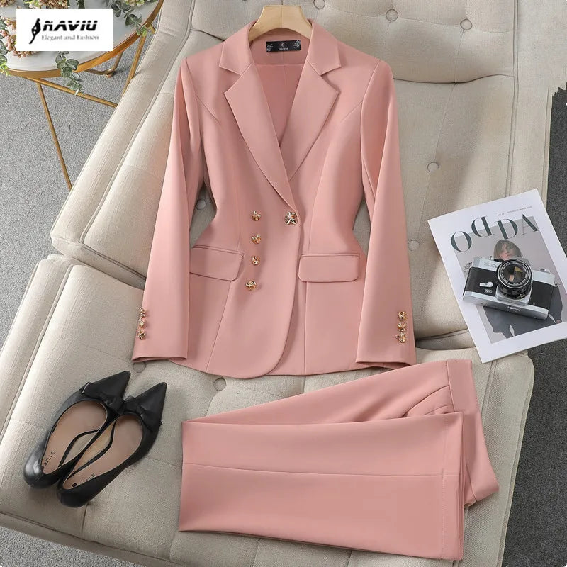 NAVIU Neu 2024 Damen Hosenanzüge Rosa Blazer und Jacken Set Büro Damen Arbeits Business Uniform Weiblicher Hosenanzug OL Stil Beige Hauptbild