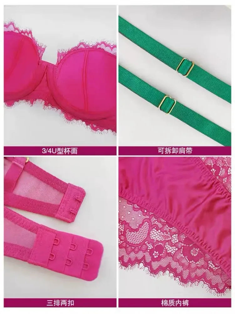 Sexy Spitzen-BH- und Höschen-Set, Minimizer, Anti-Sagging, vollflächig bedeckend, verstellbarer Bügel, große Bruststütze, dünne Seitenstütze, kein Überlaufen