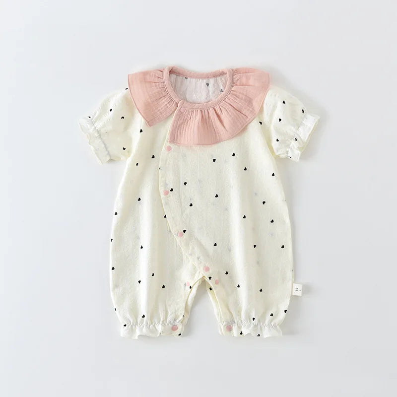 Baby Mädchen Sommer Süßer Herz-Print Strampler Rüschenkragen Baby Bodys Baumwolle 0-24M Neugeborenen Komfort Overall Outfit
