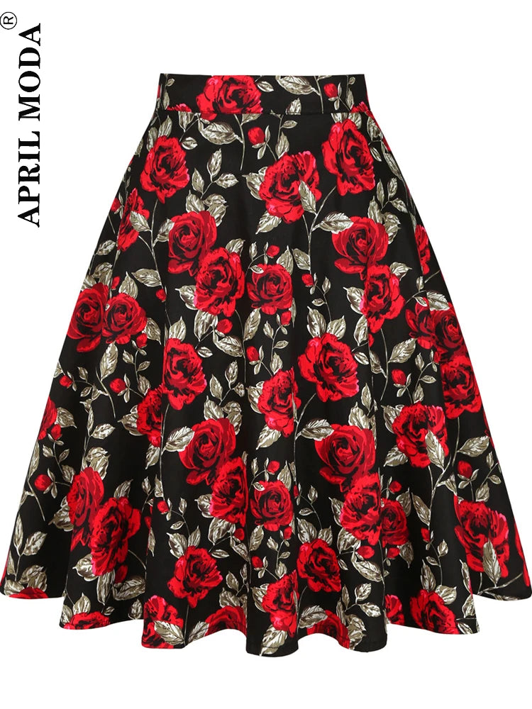 Damen-Laufsteg Baumwolle Retro Vintage Rock Schwarz Faldas High Waist A-Linie Rockabilly Jupe 50er Swing Tellerrock Pin Up Skater