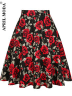 Damen-Laufsteg Baumwolle Retro Vintage Rock Schwarz Faldas High Waist A-Linie Rockabilly Jupe 50er Swing Tellerrock Pin Up Skater