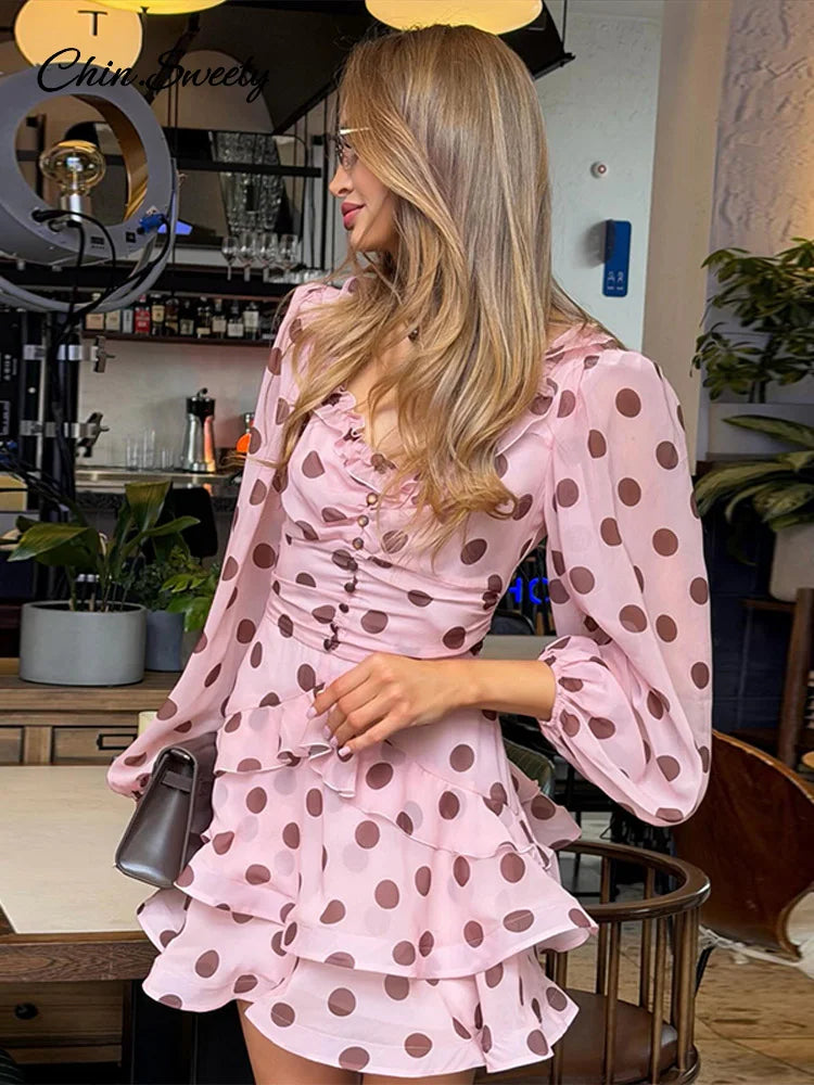 Elegantes Polka Dots Freizeitkleid für Damen Pink Rüschen Langarm A-Linie Sommerkleider Lady Neue Mode Street Robe 2026