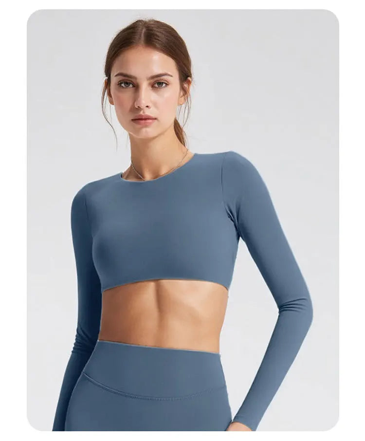 NCLAGEN Sport-Oberteile Gym Damen Fitness T-Shirt Langarm Offener Rücken Pilates Yoga Gepolstertes Crop Top Laufen Workout Fitness Bluse