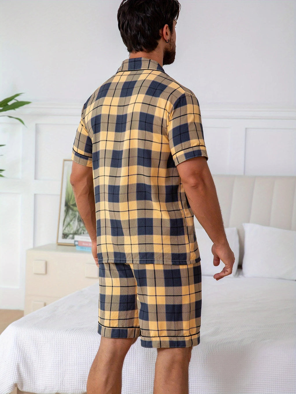 Herren Kurzarm-Pyjama-Set - 2-teiliges Set Kariert Lässige Sommer-Freizeitkleidung mit Tasche V-Ausschnitt Leichte und dünne Herren-Pyjamas