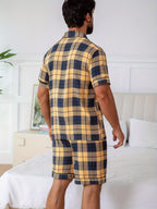 Herren Kurzarm-Pyjama-Set - 2-teiliges Set Kariert Lässige Sommer-Freizeitkleidung mit Tasche V-Ausschnitt Leichte und dünne Herren-Pyjamas
