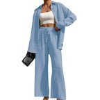 Zweiteiliges Set für Damen: Einfarbiges Hemd mit Knopfleiste und Hose mit weitem Bein und Bindedetail, lässige Bluse mit überschnittenen Schultern und langen Ärmeln & Hose