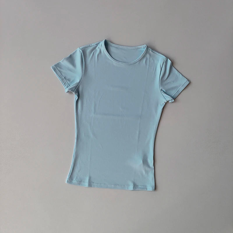 Hautenge, einfarbige Yoga-Kleidung für Damen: Schnelltrocknendes, elastisches, eng anliegendes T-Shirt, Fitness-Oberteil