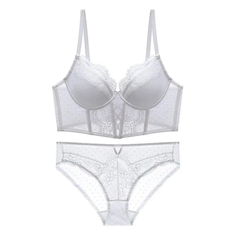 Push-Up-Dessous-Set aus Spitze für Damen, transparentes Chemise mit weichem Bügel-BH, Fischgräten-Teddy, sexy Braut-Flitterwochen-Outfit, S-XL