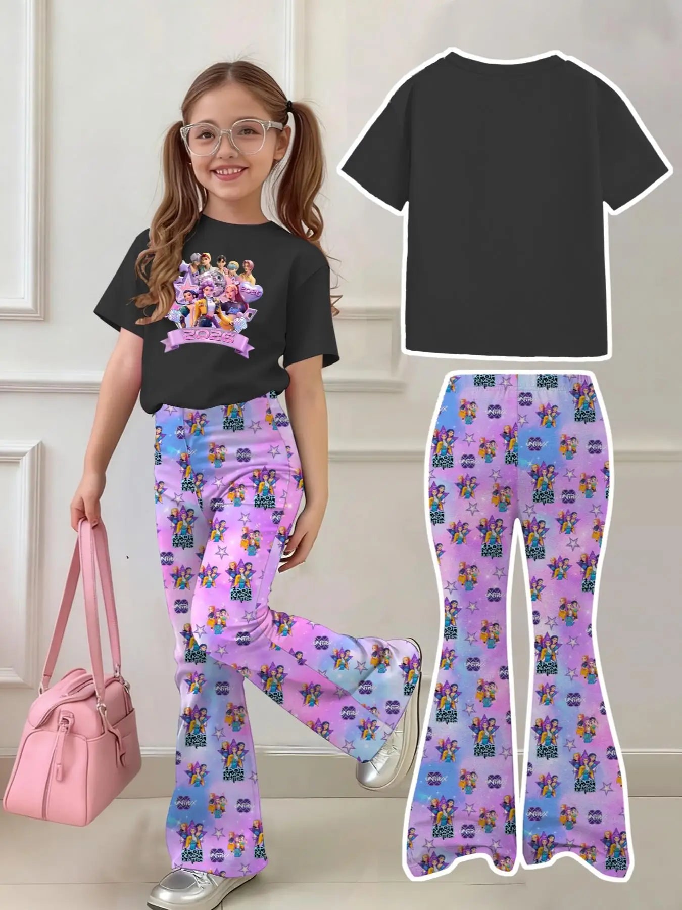 Mädchen 2-teiliges K-Pop-Konzert-Outfit 2026 – schwarzes Grafik-T-Shirt & ausgestellte Hose mit Pastell-Charakterprint für Kinder