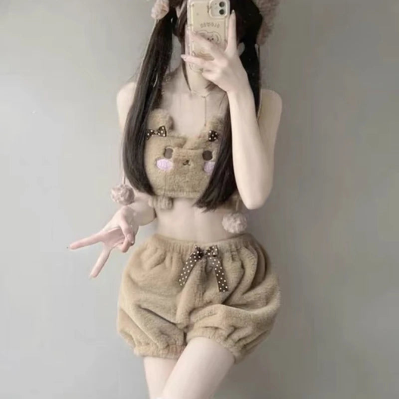 Japanische Kawaii Lolita Pyjama Nad Höschen Set Damen Süßer Cartoon BH Schleife Unterwäsche Kürbis Höschen Push-up BHs Dessous Intimates