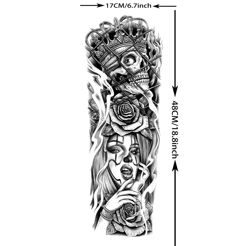 1 Sheet Full Arm Compass Zeus Skull Tiger Lion Flower Temporary Tattoos Sleeve For Men Women Adults Fake Temp Sticker Tattoo