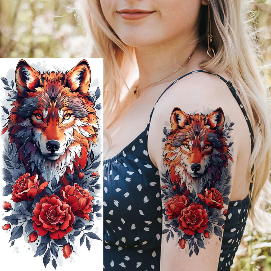 1 Blatt einzigartige Aquarell-Löwe-Tiger-Tier-Temporäre Tattoos langanhaltend wasserdicht Fuchs Eule gefälschter Tattoo-Aufkleber Körperkunst Tattoo